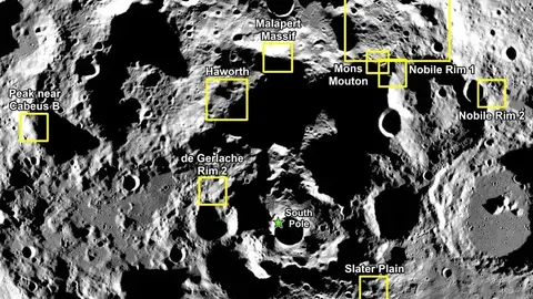 Imagen de las nueve regiones de aterrizaje candidatas para la misión Artemis III de la NASA Imagen de las nueve regiones de aterrizaje candidatas para la misión Artemis III de la NASA