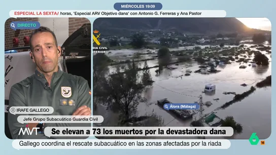 Idafe Gallego, jefe del Grupo Subacuático de la Guardia Civil: "Desde anoche hemos rescatado a más de 50 personas vivas" El guardia civil expone que, debido a las características propias de la catástrofe ocurrida, apenas tienen visibilidad para poder trabajar. "Estamos trabajando al tacto", apunta.