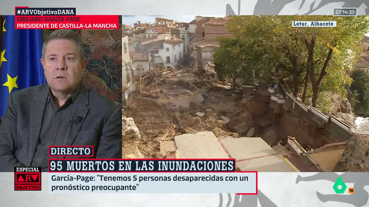 Emiliano García-Page analiza con Antonio García Ferreras el drama de algunas localidades como Letur, en Albacete: "Es como si se hubiera roto una presa, en minutos desembocaron como un tsunami 40 litros por metro cuadrado".