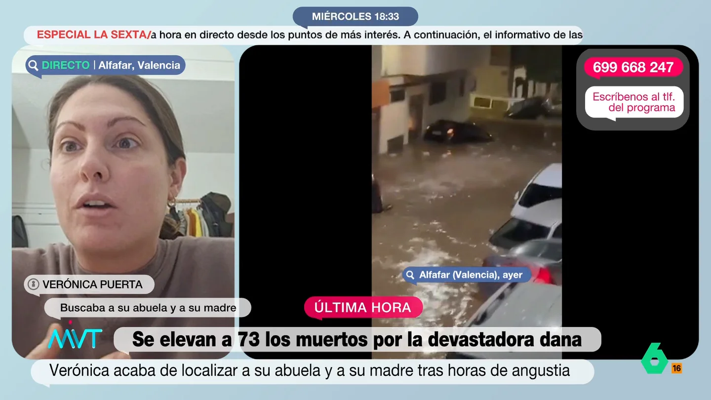 Verónica Puerta, al localizar a su madre y abuela tras horas de angustia Verónica Puerta, vecina de Alfafar, explica en este vídeo cómo ha vivido las angustiosas horas hasta localizar a su madre y su abuela, que ahora se encuentran en un barrio del pueblo donde "necesitan medicamentos y agua".