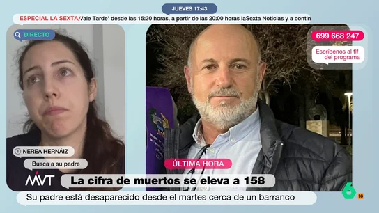 Nerea hace un llamamiento en Más Vale Tarde para localizar a su padre José Hernaiz de 64 años, desaparecido en el barranco de Benimodo Nerea hace un llamamiento en Más Vale Tarde para localizar a su padre José Hernaiz de 64 años, desaparecido en el barranco de Benimodo