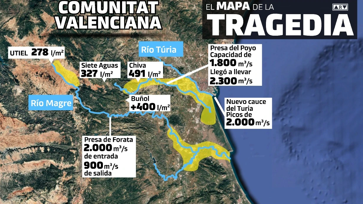 Mapa de las localidades afectadas por la DANA.