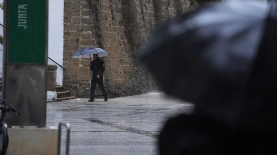 Personas bajo sus paraguas durante la intensa lluvia. Personas bajo sus paraguas durante la intensa lluvia.