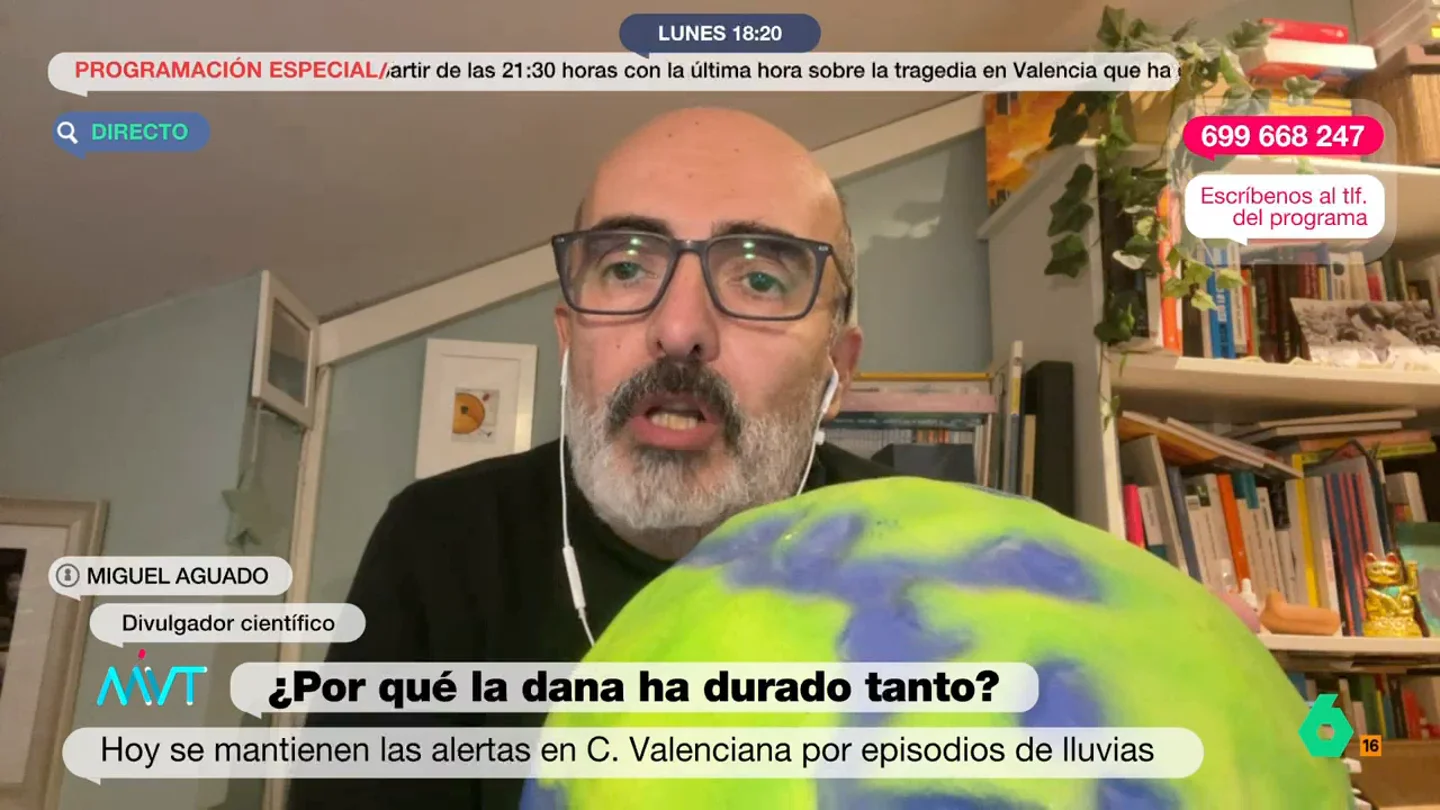 Miguel Aguado explica de forma gráfica por qué la DANA ha durado tanto: "Estamos alterando el equilibrio del planeta" El divulgador indica que las corrientes de aire frío de la parte alta de la atmósfera chocan con el aire caliente que proviene del calentamiento del mar Mediterráneo lo que provoca que se generen las DANAs.