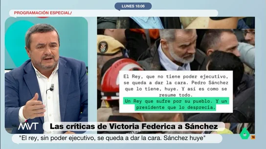 Chema Crespo estalla tras los comentarios de Victoria Federica sobre Felipe VI y Sánchez en Paiporta "¿Quién es esta señora, que no sabe ni cómo se elige el presidente del Gobierno y está más próxima o más allá que esos ultras o fachas?", reacciona Chema Crespo en este vídeo tras las críticas de Victoria Federica a Sánchez.