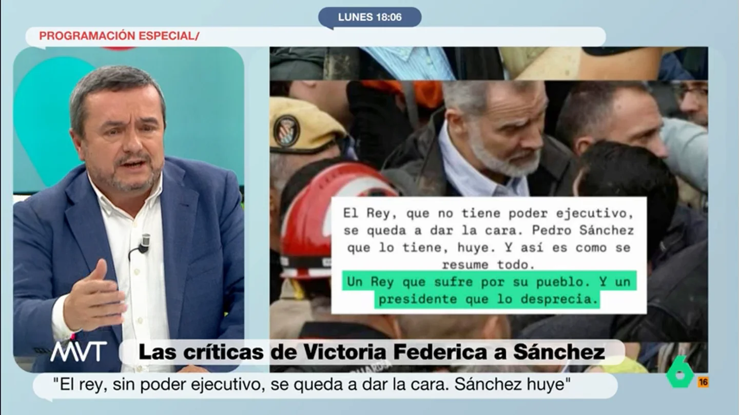 Chema Crespo estalla tras los comentarios de Victoria Federica sobre Felipe VI y Sánchez en Paiporta "¿Quién es esta señora, que no sabe ni cómo se elige el presidente del Gobierno y está más próxima o más allá que esos ultras o fachas?", reacciona Chema Crespo en este vídeo tras las críticas de Victoria Federica a Sánchez.