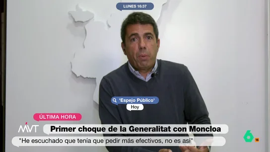 El contradictorio discurso de Mazón: de su lista de peticiones al Gobierno a negar que él deba reclamar los efectivos Más Vale Tarde analiza en este vídeo cómo ha cambiado en tres días el discurso del presidente de la Generalitat Valenciana, que el viernes agradecía que el Gobierno le dé los efectivos que pide y hoy negaba que tenga que ser él quien los reclame.