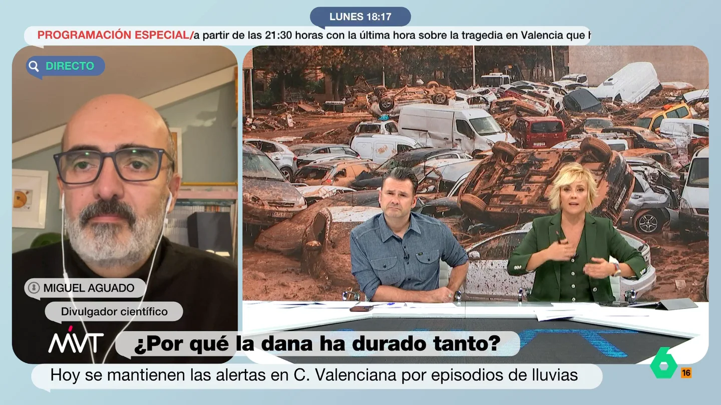 Miguel Aguado, muy claro sobre la devastadora DANA: "Este acontecimiento climático extremo va a ser algo habitual" El divulgador científico expone que "esto es lo que se viene avisando desde la ciencia con respecto al cambio climático". El aumento de la temperatura del Mediterráneo ha hecho que el equilibrio se haya visto alterado.