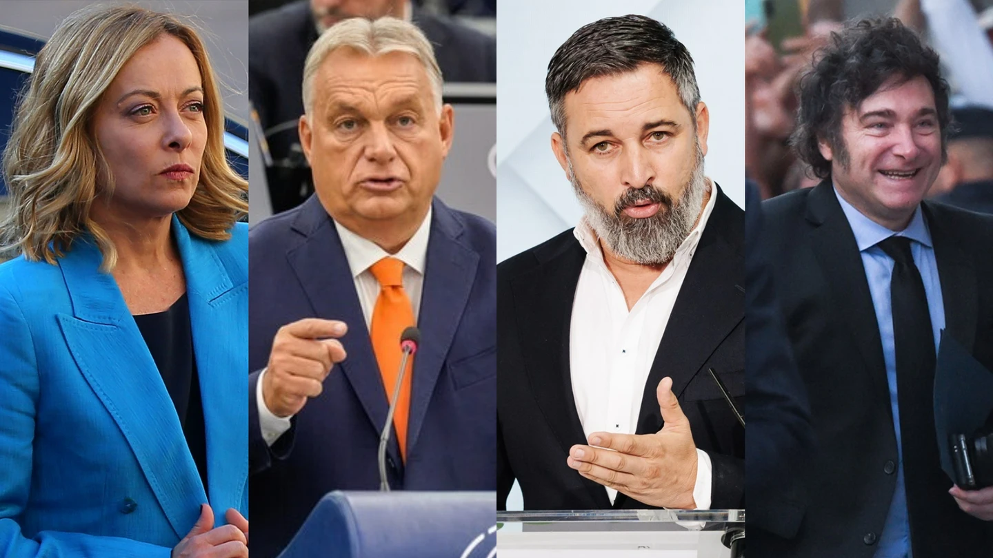 Foto montaje de Meloni, Orbán, Abascal y Milei. Foto montaje de Meloni, Orbán, Abascal y Milei.