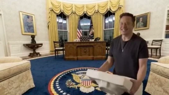 Fotomontaje de Elon Musk en el que entra con un lavabo en el despacho oval. Fotomontaje de Elon Musk en el que entra con un lavabo en el despacho oval.