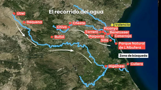 Las autoridades reclaman que la ciudadanía no acuda a las playas de La Albufera para no entorpecer las labores de búsqueda Grafismo del recorrido que el agua realizó el día 29 de octubre durante la DANA en Valencia