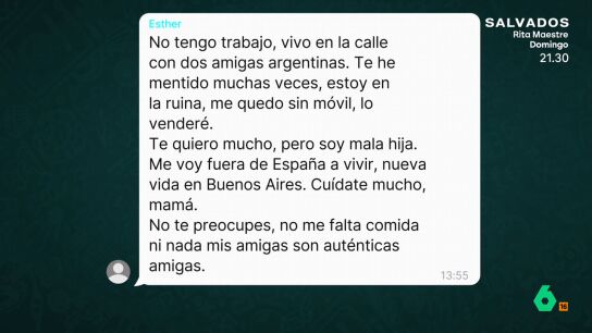 "Vivo en la calle con dos amigas argentinas" o "Me voy fuera de Espa&ntilde;a" son algunos de los mensajes que mand&oacute; Esther Estepa a su madre el d&iacute;a que desapareci&oacute;. En este v&iacute;deo, Josefa asegura que no era ella la que los escrib&iacute;a.