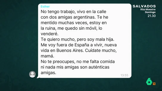 Los desconcertantes mensajes de Esther Estepa a su madre el día de su desaparición "Vivo en la calle con dos amigas argentinas" o "Me voy fuera de España" son algunos de los mensajes que mandó Esther Estepa a su madre el día que desapareció. En este vídeo, Josefa asegura que no era ella la que los escribía.