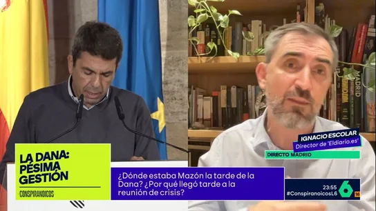 Ignacio Escolar analiza la agenda de Mazón el día de la DANA "A estas alturas, lo que sí sabemos es que a las 7 de la mañana llegó la alerta roja y hasta las 20:15 no se mandó el mensaje para alertar a todos los valencianos, muchos de ellos con el agua al cuello", afirma Escolar en este vídeo.