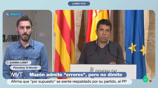 Juanma Lamet explica por qué Feijóo no puede echar a Carlos Mazón ¿Podría Alberto Núñez Feijóo echar a Carlos Mazón? Juanma Lamet analiza los motivos por los que no sería una opción, a pesar de la crisis política en el PP valenciano, y desvela que la estrategia en estos momentos es "repartir culpas y resistir".