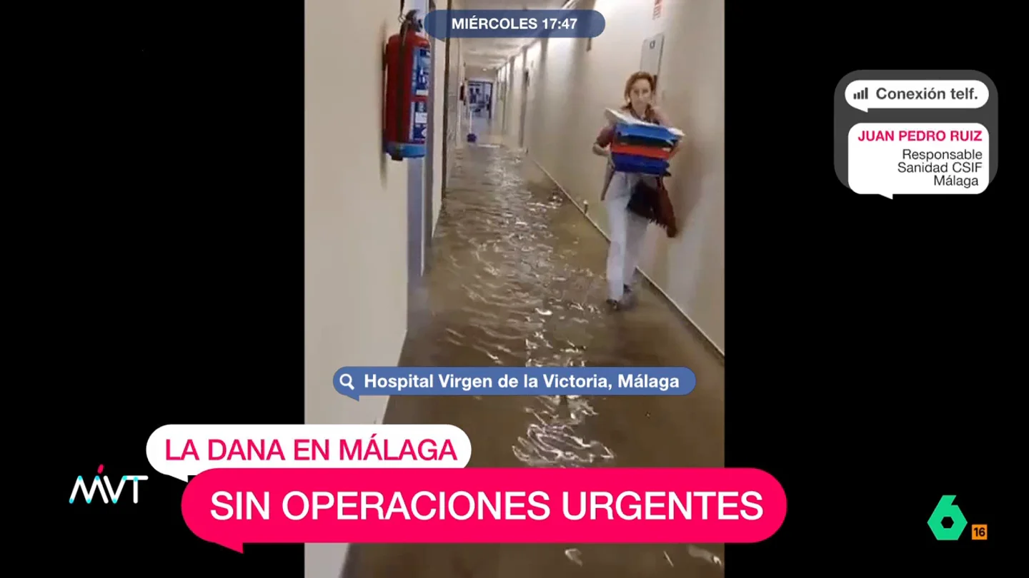 Un responsable del CSIF en Málaga habla de la inundación del hospital Juan pedro Ruíz, responsable de Sanidad del CSIF de Málaga, explica en este vídeo que el hospital Virgen de la Victoria, de Málaga, se encuentra inundado y "se ha reducido la actividad a atención urgente". Además, el laboratorio "está anegado".