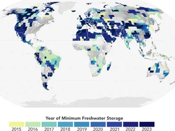 Mapa de los años en que el almacenamiento de agua terrestre alcanzó un mínimo de 22 años Mapa de los años en que el almacenamiento de agua terrestre alcanzó un mínimo de 22 años