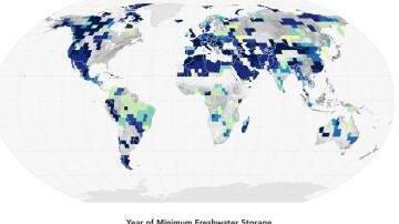 Mapa de los años en que el almacenamiento de agua terrestre alcanzó un mínimo de 22 años