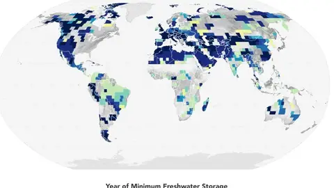 Mapa de los años en que el almacenamiento de agua terrestre alcanzó un mínimo de 22 años Mapa de los años en que el almacenamiento de agua terrestre alcanzó un mínimo de 22 años