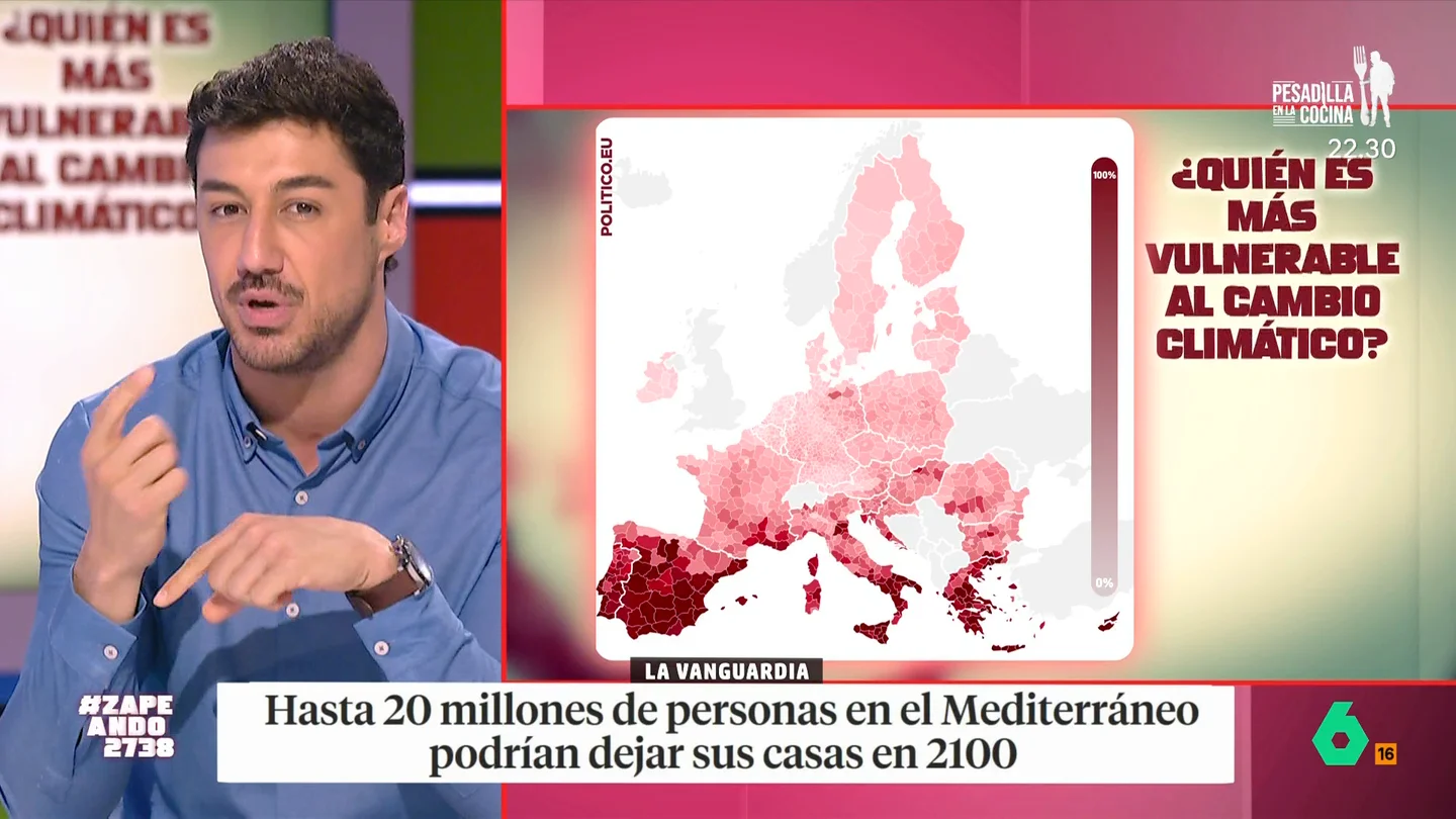 Un estudio expone quiénes son los más vulnerables ante el cambio climático: "Peligran las casas de 20 millones de personas" Francisco Cacho indica que España es una de las zonas más vulnerables de Europa. Debido a ello, no solo peligran casas sino también lugares de interés cultural o instalaciones como aeropuertos.