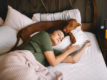Una mujer durmiendo en la cama con su perro Una mujer durmiendo en la cama con su perro