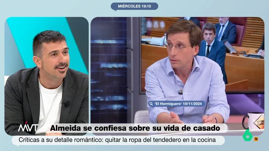 Ramón Espinar, sobre el gesto "romántico" de Almeida: "Le vais a dar el Príncipe de Asturias por doblar unos calcetines" Ramón Espinar y el resto de Más Vale Tarde debaten sobre el polémico gesto "romántico" de Almeida al recoger un tendedero. En este vídeo, Espinar habla de su "momentazo de Romeo y Julieta" con su pareja, un lavaplatos y una lavadora.