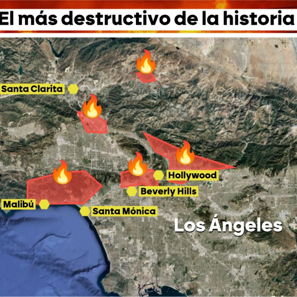 Los incendios de Los Ángeles 10 Incendios en Los Ángeles, en directo | Los bomberos siguen luchando contra cinco fuegos sin control que han dejado ya cinco muertos y 2.000 edificios destruidos