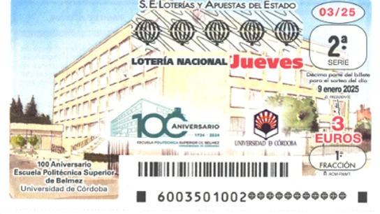 Décimo de la Lotería Nacional del 9 de enero, dedicado a la Escuela Politécnica Superior de Belmez. Décimo de la Lotería Nacional del 9 de enero, dedicado a la Escuela Politécnica Superior de Belmez.