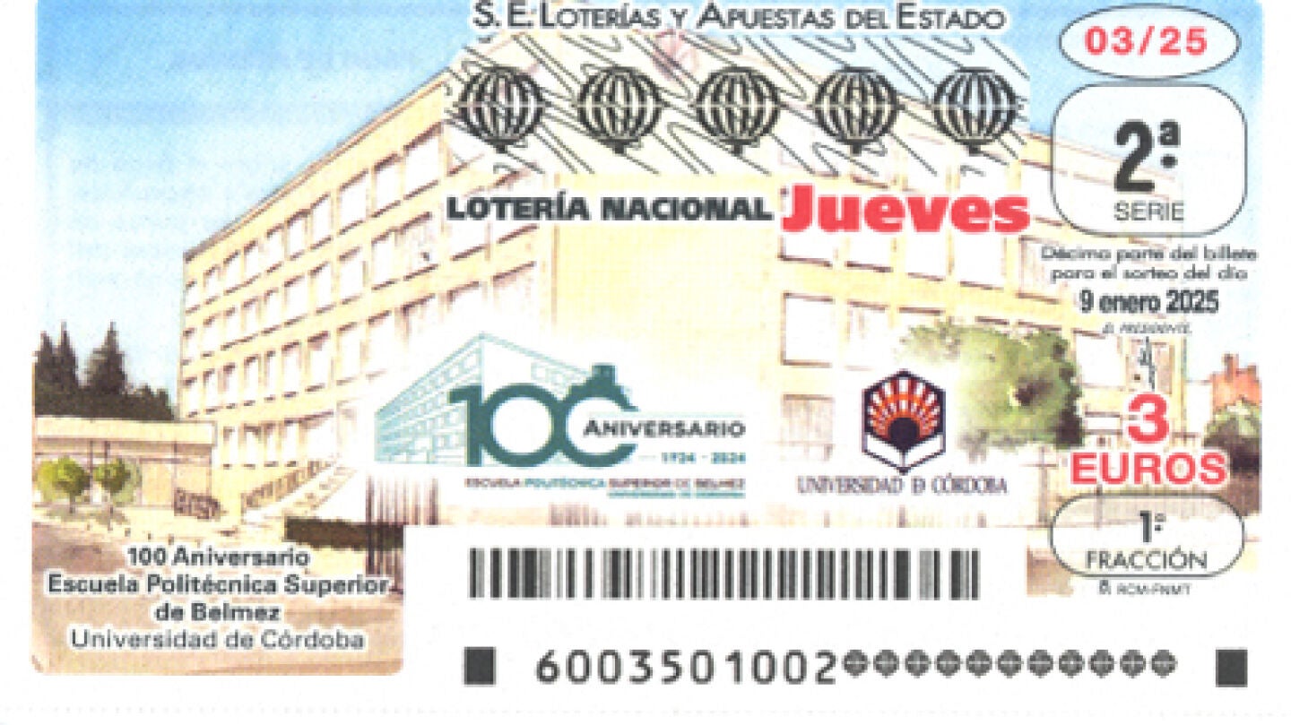 Décimo de la Lotería Nacional del 9 de enero, dedicado a la Escuela Politécnica Superior de Belmez.