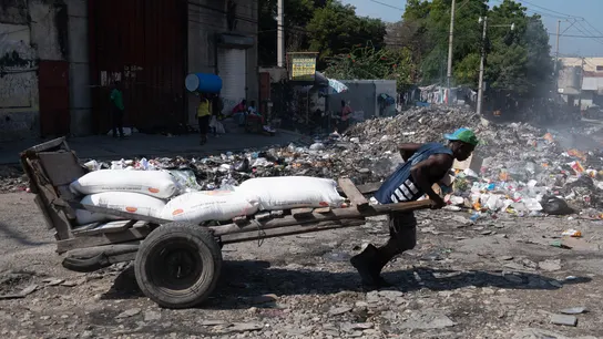 Una persona transporta costales en Puerto Príncipe (Haití) Una persona transporta costales en Puerto Príncipe (Haití)