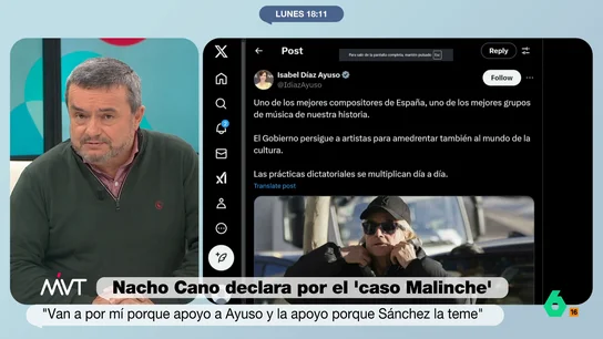 Chema Crespo, sobre Nacho Cano: "O se le va la pinza, o está mal aconsejado o cree que su amistad con Ayuso le hace inmune" Nacho Cano llegaba al juzgado asegurando que iba a "hacer el paripé un ratito" y, tras declarar por el 'caso Malinche', defendía a Isabel Díaz Ayuso y atacaba a Pedro Sánchez. En este vídeo, Chema Crespo valora la escena.