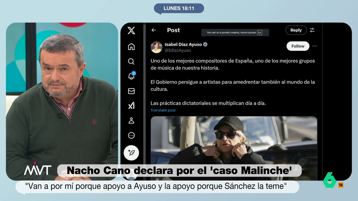 Chema Crespo, sobre Nacho Cano: "O se le va la pinza, o está mal aconsejado o cree que su amistad con Ayuso le hace inmune" Nacho Cano llegaba al juzgado asegurando que iba a "hacer el paripé un ratito" y, tras declarar por el 'caso Malinche', defendía a Isabel Díaz Ayuso y atacaba a Pedro Sánchez. En este vídeo, Chema Crespo valora la escena.