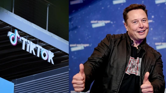 Un letrero de TikTok sobre la fachada de un edificio en Los Ángeles, California, y una imagen de archivo de Elon Musk Un letrero de TikTok sobre la fachada de un edificio en Los Ángeles, California, y una imagen de archivo de Elon Musk