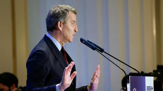 El presidente del PP, Alberto Núñez Feijóo, interviene en un desayuno informativo este martes en Madrid. El presidente del PP, Alberto Núñez Feijóo, interviene en un desayuno informativo este martes en Madrid.