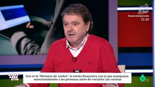 Paco Jiménez explica en qué consiste la estafa de la 'matanza de cerdos' El periodista de investigación Paco Jiménez analiza en este vídeo la estafa de la 'matanza de cerdos', una variante del estafador del amor que se gana durante meses la confianza de la víctima, para después aprovecharse de ella.