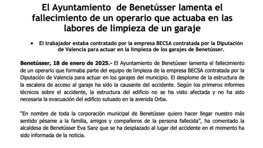 Comunicado del Ayuntamiento de Benetusser tras la muerte de un operario durante las labores de limpieza Comunicado del Ayuntamiento de Benetusser tras la muerte de un operario durante las labores de limpieza