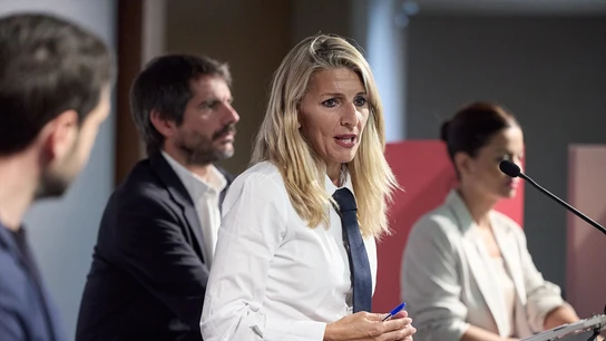 Yolanda Díaz, junto a Ernest Urtasun y Sira Rego, que han abandonado X, en un acto de Sumar. Yolanda Díaz, junto a Ernest Urtasun y Sira Rego, que han abandonado X, en un acto de Sumar.