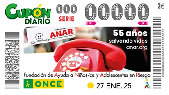 Cupón Diario de la ONCE del 27 de enero de 2025, dedicado a la Fundación ANAR. Cupón Diario de la ONCE del 27 de enero de 2025, dedicado a la Fundación ANAR.