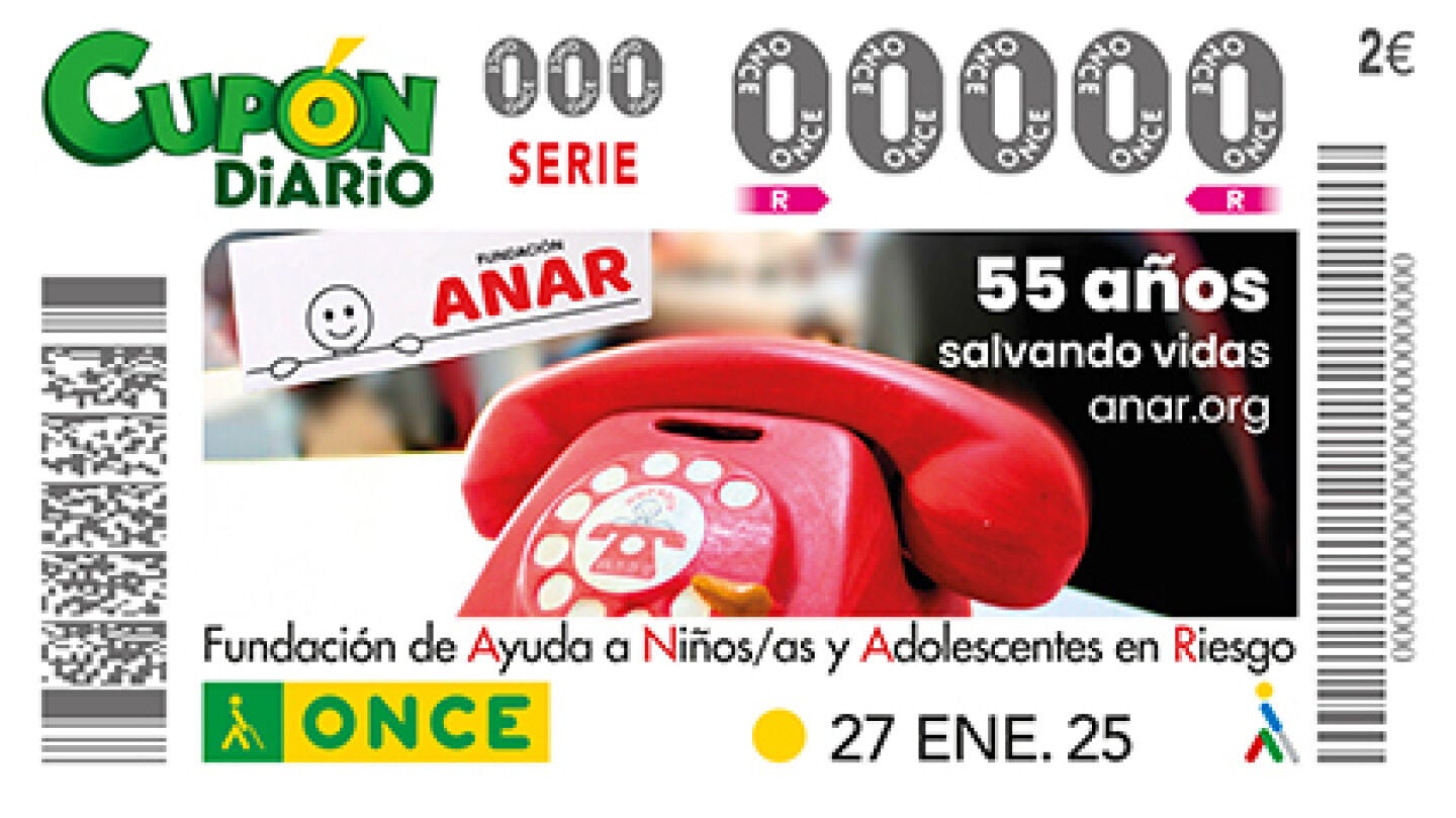 Cupón Diario de la ONCE del 27 de enero de 2025, dedicado a la Fundación ANAR.