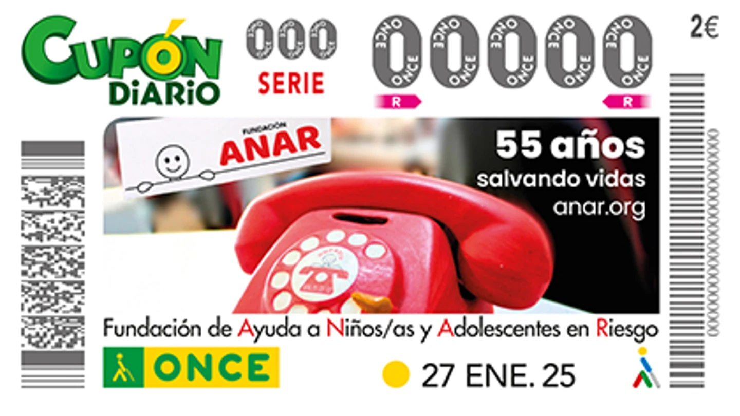 Cupón Diario de la ONCE del 27 de enero de 2025, dedicado a la Fundación ANAR. Cupón Diario de la ONCE del 27 de enero de 2025, dedicado a la Fundación ANAR.