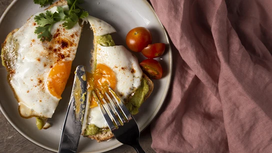 Una tostada con huevo frito y tomate. Una tostada con huevo frito y tomate.