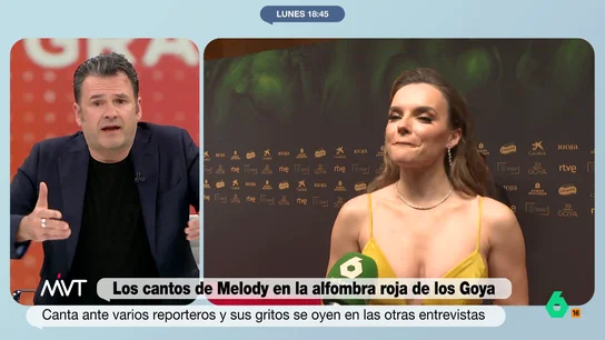 Iñaki López, tras los 'cantos' de Melody en los Goya: "Ha entrado, simultáneamente, en 80 canales" La actriz interpretó ante numerosos periodistas la canción 'Esa diva', con la que representará a España en el festival Eurovisión a su paso por la alfombra roja de los premios de cine.