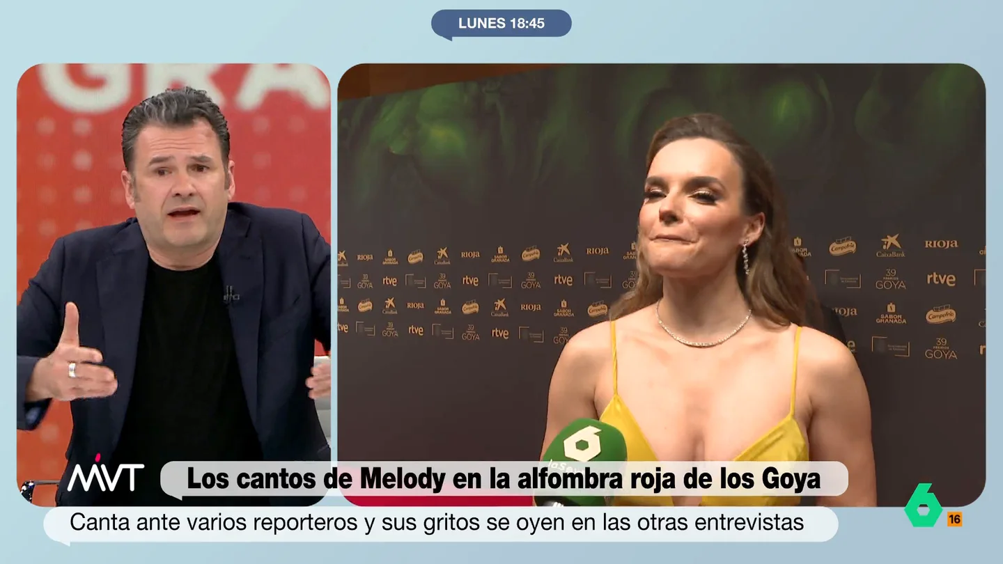 Iñaki López, tras los 'cantos' de Melody en los Goya: "Ha entrado, simultáneamente, en 80 canales" La actriz interpretó ante numerosos periodistas la canción 'Esa diva', con la que representará a España en el festival Eurovisión a su paso por la alfombra roja de los premios de cine.