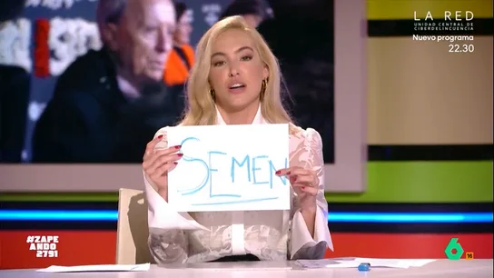 Isabel Forner muestra un cartel para evitar decir la palabra 'semen': "Le acabas de regalar una captura a España..." Zapeando se hace eco del reportaje de Isma Juárez en Las Ventas en el que le hizo una comprometida pregunta al torero José Ortega Cano. No te pierdas la reacción de los zapeadores en el vídeo principal.