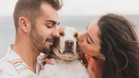 Perro besado por sus humanos Perro besado por sus humanos