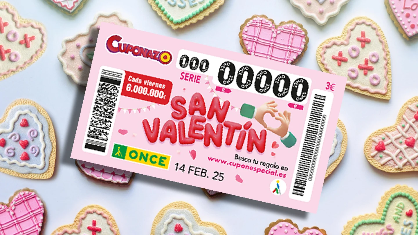 La ONCE pone en juego su Cuponazo especial San Valentín para el sorteo del 14 de febrero de 2025. Boleto del Cuponazo de la ONCE en su sorteo especial de San Valentín celebrado el 14 de febrero de 2025.