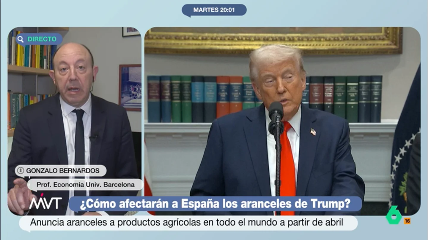 Gonzalo Bernardos tranquiliza sobre los efectos de los aranceles de Trump: "Alemania está en la UVI y nosotros como un león" Gonzalo Bernardos hace su análisis de los aranceles de Trump contra la Unión Europea y los productos agrícolas y explica que, en nuestro caso, "en el peor de los casos estaríamos ante una repercusión sobre el PIB pequeñísima".