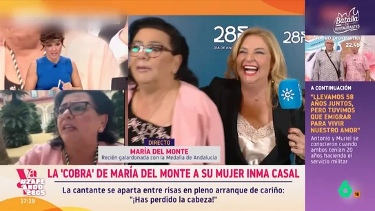 María del Monte explica en 'Y ahora Sonsoles' la 'cobra' que le hizo a su mujer: "Ahora lo quiere arreglar..." La tonadillera sorprendió apartando la cara cuando su mujer, Inmaculada Casal, intentó darle un beso frente a las cámaras de Canal Sur. María ha decidido explicar qué la llevó a hacerlo en el programa de Sonsoles Ónega.