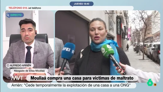 El abogado de Elisa Mouliaá desconoce "completamente" la ONG a la que la actriz ha donado un piso Alfredo Arrién, abogado de Elisa Mouliaá, responde a las preguntas de Iñaki López sobre el piso que ha comprado la actriz para víctimas del maltrato y que habría donado a una ONG que, según la presentadora, "no aparece en ningún sitio".