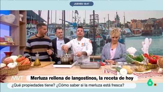 Pablo Ojeda expone los beneficios nutricionales de la merluza: "Es un productazo" El nutricionista acompaña al chef Carlos Maldonado durante la elaboración de una deliciosa merluza rellena de langostinos. Ojeda, además de detallar las propiedades de este pescado explica por qué debe comerse también la piel.